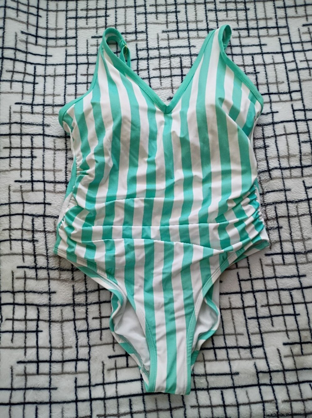 Kona Sol Size 14 Wide White and Aqua Striped One-Piece Swimsuit BRAND NEW